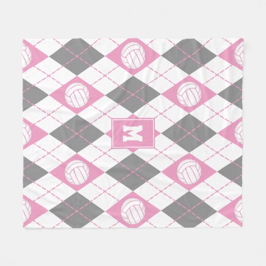 rosa graue Raute Muster Volleyballs mit Monogramm Fleecedecke (Vorderseite (Horizontal))