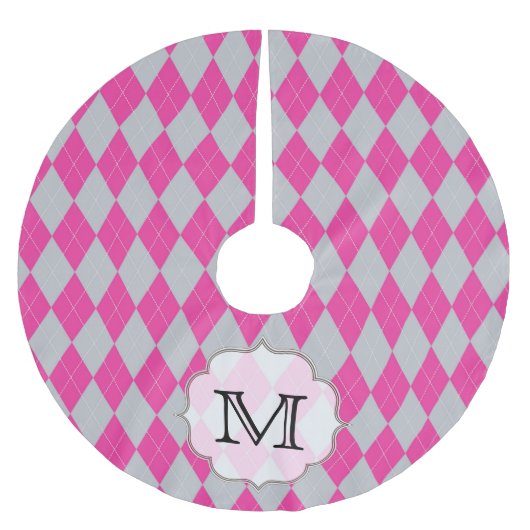 Rosa graue Raute Trian Monogram, Initial Tree Skir Polyester Weihnachtsbaumdecke (Vorderseite)