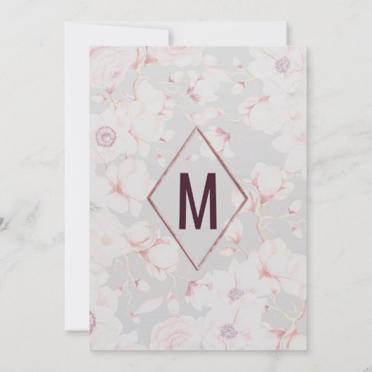 Rosa graue Rose mit Flora Gold Handgeschriebener G Einladung (Rückseite)