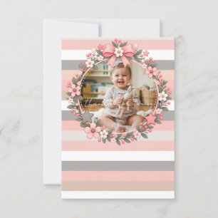 Rosa Graue Streifen Blumenfoto Baby Shower Dankeskarte