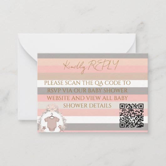 Rosa Graue Streifen QR Code RSVP Mitteilungskarte (Vorderseite)