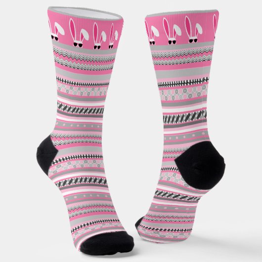Rosa, graue und weiße Streifen mit weißem Osterhas Socken (Gewinkelt)