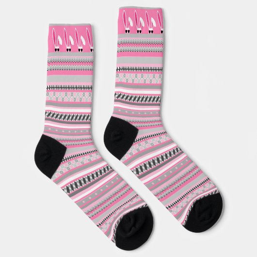 Rosa, graue und weiße Streifen mit weißem Osterhas Socken (Rechts)