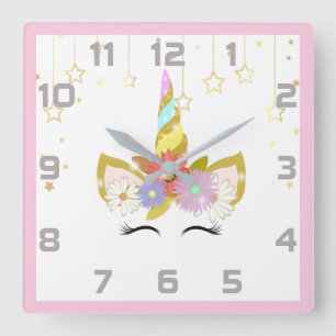 Rosa graue Unicorn-Kinderzimmer-Dekor-Wand-Uhr Quadratische Wanduhr