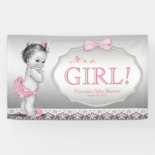 Rosa graue Vintage-Baby-Mädchen-Baby-Party Banner