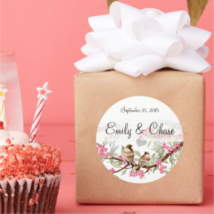 Rosa & Graue Vintage-Liebesvögel-Hochzeitsaufklebe Runder Aufkleber