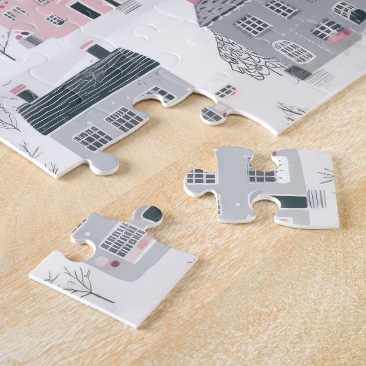 Rosa graue Weihnachtshäuser auf Weiß Puzzle (Seite)