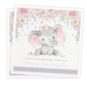 Rosa grauer Elefant Diamant Blumen Baby Shower Serviette