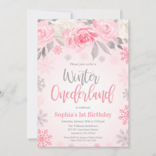 Rosa Grauer Flora Winter ONEderland 1. Geburtstag Einladung