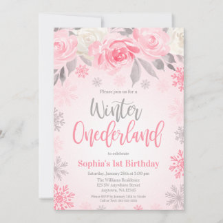Rosa Grauer Flora Winter ONEderland 1. Geburtstag Einladung