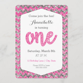 Rosa grauer Glitzer-erste Geburtstags-Karte Einladung