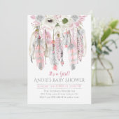 Rosa grauer Traumfänger-Blumenfeder-Pfeile Einladung (Stehend Vorderseite)