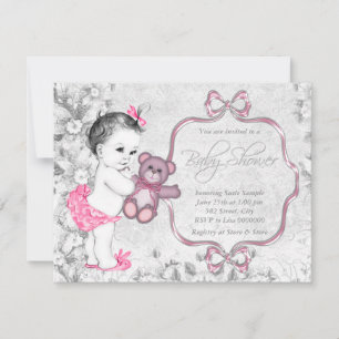 Rosa graues Baby-Mädchen Vintage-Baby-Party Einladung