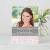 Rosa graues Damast-Foto-Brautmittagessen-Einladung Einladung (Stehend Vorderseite)