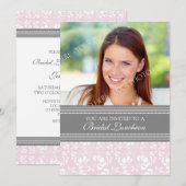 Rosa graues Damast-Foto-Brautmittagessen-Einladung Einladung (Vorne/Hinten)