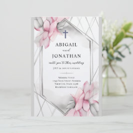 Rosa, graues, florales Christliches Kreuz und Bibe Einladung