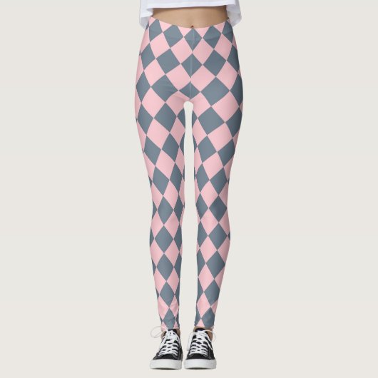 Rosa graues Schachbrett Diamantmuster Leggings (Vorderseite)