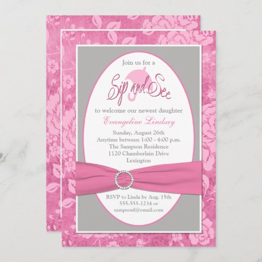 Rosa graues Weiß-BlumenSchlückchen und sehen Einladung (Vorne/Hinten)