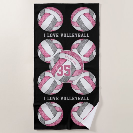 Rosa-Graumädchen Liebe Volleyball personalisiert Strandtuch (Vorderseite)