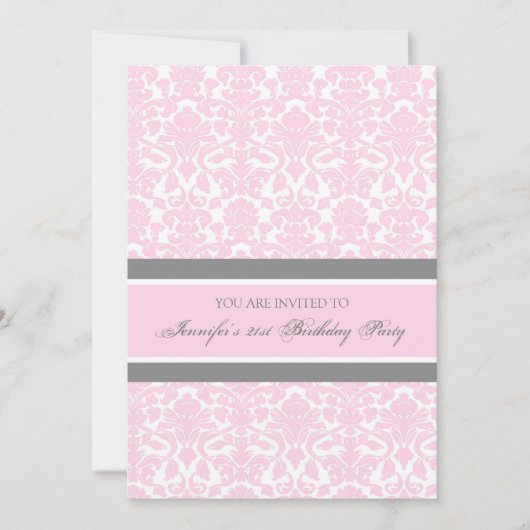 Rosa Gray Damask 21. Geburtstag Party Einladung (Vorderseite)