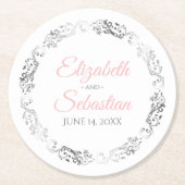Rosa & Gray Elegante Blumengezwitscher Hochzeit Runder Pappuntersetzer (Vorderseite)