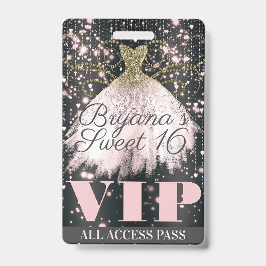 Rosa Gray Gold Sparkle Dress Sweet 16 VIP Pass Ausweis (Vorderseite)