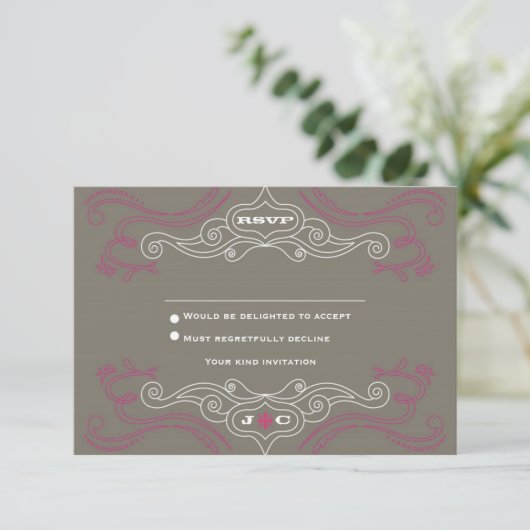 Rosa & Gray Rock 'n' Roll Music Themed Wedding RSVP Karte (Stehend Vorderseite)