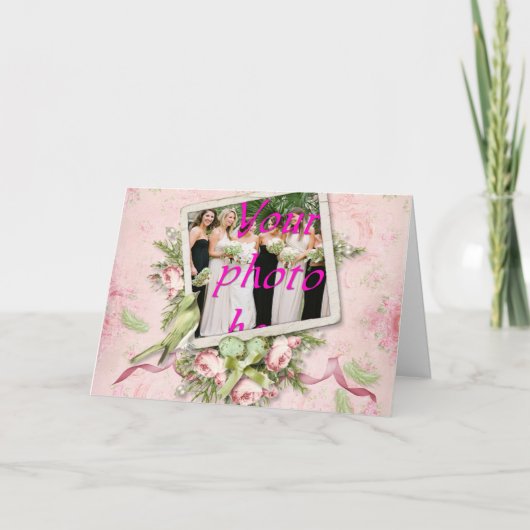 Rosa Green Bird Rose Ribbon Grußkarte Karte (Vorderseite)