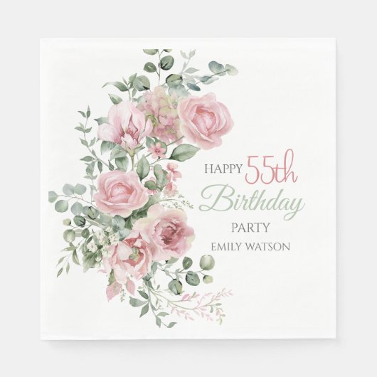 Rosa Greenery Eucalyptus 55. Geburtstag Erröten Serviette (Vorderseite)