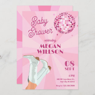 Rosa Groovy Boots Disco Ball Babydusche Einladung