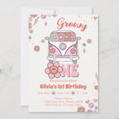 Rosa Groovy One Retro 1. Geburtstag Einladung (Vorderseite)