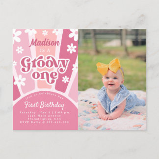 Rosa Groovy One Retro 70er Girls Foto Geburtstag Postkarte