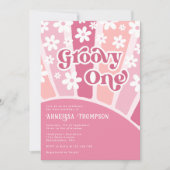 Rosa Groovy One Retro Blume Girls geboren Einladung (Vorderseite)