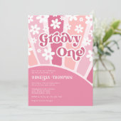 Rosa Groovy One Retro Blume Girls geboren Einladung (Stehend Vorderseite)