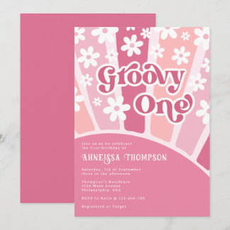 Rosa Groovy One Retro Blume Girls geboren Einladung
