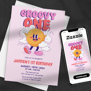 Rosa Groovy One Retro Sonnen Erster Geburtstag Einladung