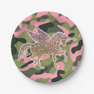 Rosa Grün Camo Tarnung & Gold Glitter Einhorn Pappteller