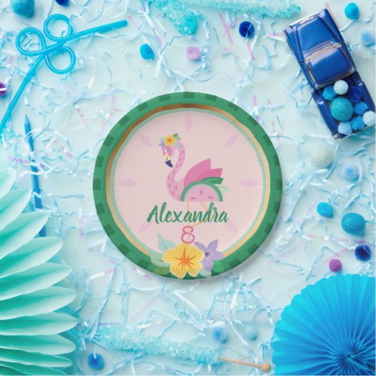 Rosa Grün Flamingo & Watermelon Tropischer Geburts Pappteller (Party)