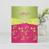 Rosa, grün, gelb, monogramm Hochzeitsempfang Einladung (Stehend Vorderseite)