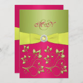 Rosa, grün, gelb, monogramm Hochzeitsempfang Einladung (Vorne/Hinten)
