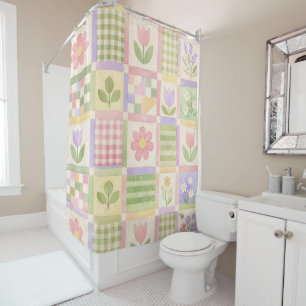 Rosa Grün Gelbe Pastell-Quilt-Patchwork-Blumen Duschvorhang