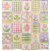 Rosa Grün Gelbe Pastell-Quilt-Patchwork-Blumen Duschvorhang (Vorderseite)