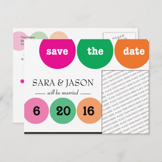 Rosa, grün, orange Kreise Save the Date Ankündigungspostkarte (Vorne/Hinten)