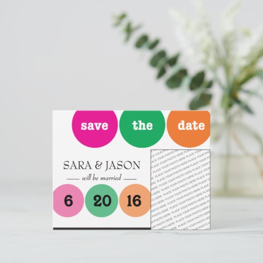 Rosa, grün, orange Kreise Save the Date Ankündigungspostkarte (Stehend Vorderseite)