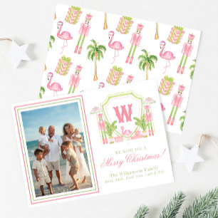 Rosa & Grün Palm Beach Nussknacker-Monogrammwappen Feiertagskarte