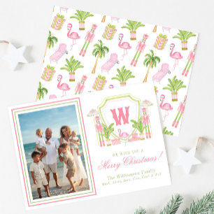 Rosa & Grün Palm Beach Nussknacker-Monogrammwappen Feiertagskarte