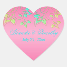 Rosa, grün und Aqua Floral 1,5" Heftaufkleber Herz-Aufkleber