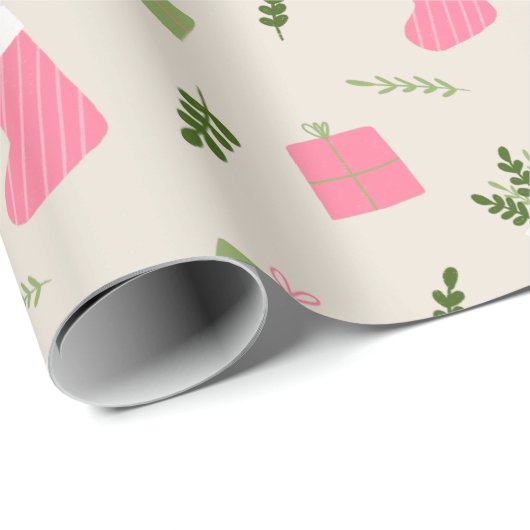Rosa Grün Weihnachtsgeschenk Strumpf Muster Creme Geschenkpapier (Rolleneckpunkt)