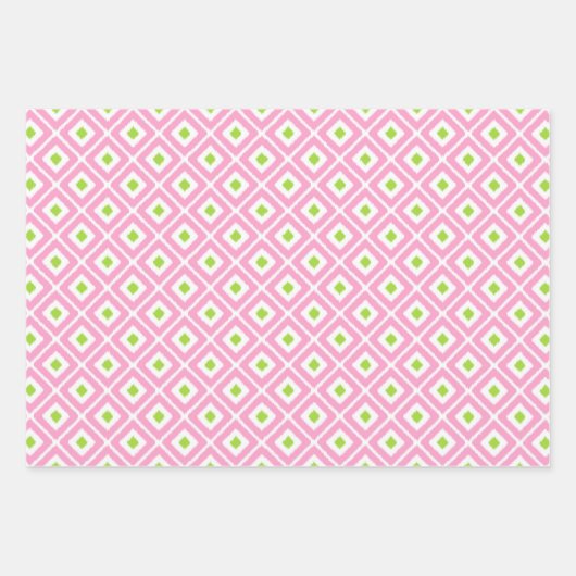 Rosa, Grün, Weiß Diamantmuster Geschenkpapier Set (Vorderseite)