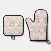 Rosa grüne abstrakte Blumen Ofenhandschuh & Topflappen-Set (Vorderseite)